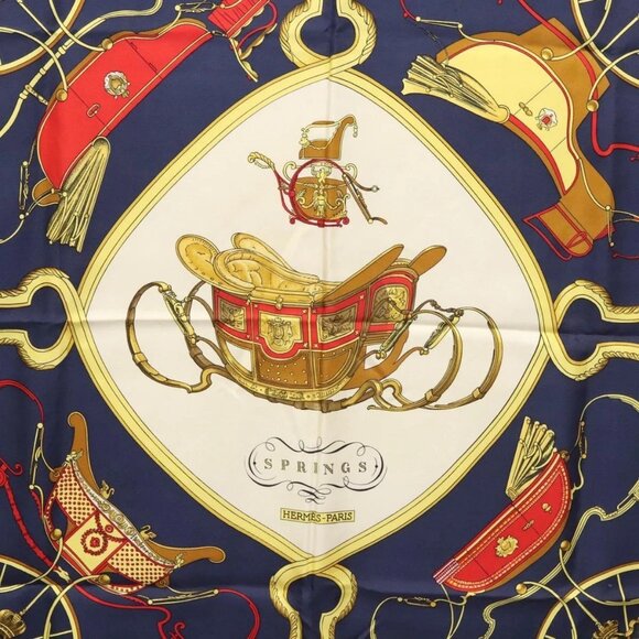 HERMES Carre 90 Scarf ""SPRINGS"" Silk Navy White Auth - Picture 6 of 16